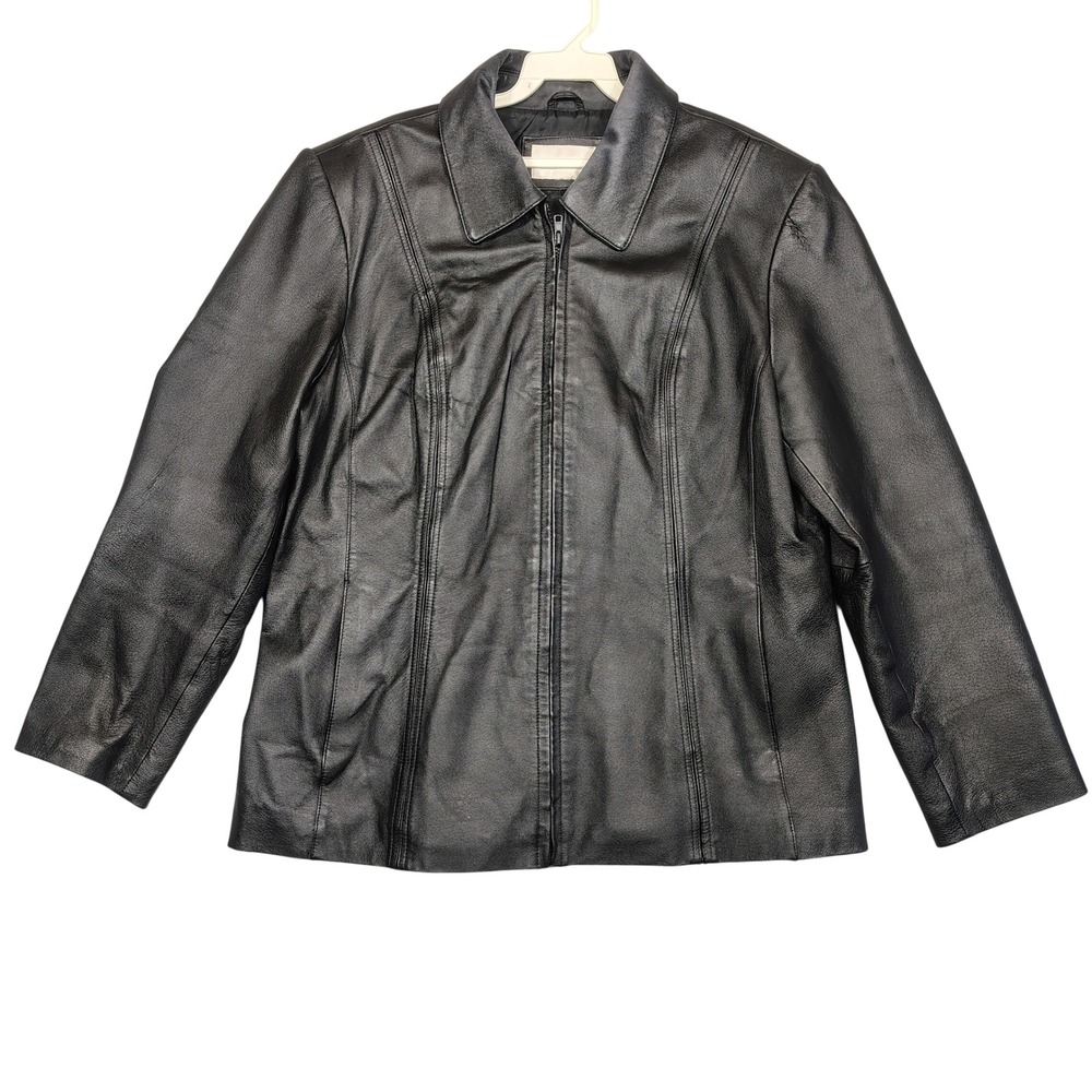 Worthington Leather Jacket Women L Black Full Zip Solid Lambskin Blazer